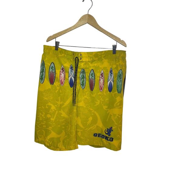 VTG Gecko Hawaii Swimming Trunk y2k 90s Novelty Yellow Beach Printed Lizard L - Picture 1 of 7